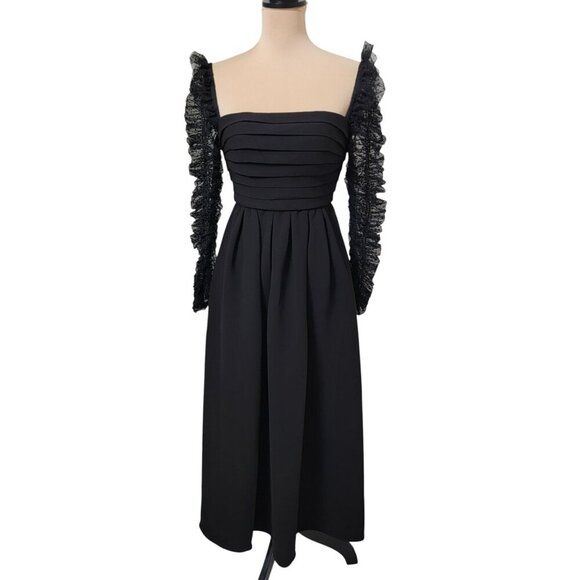Self-Portrait Size 2 Black Crepe Dot Mesh Midi Dress.   Excellent Used Condition - Picture 1 of 15